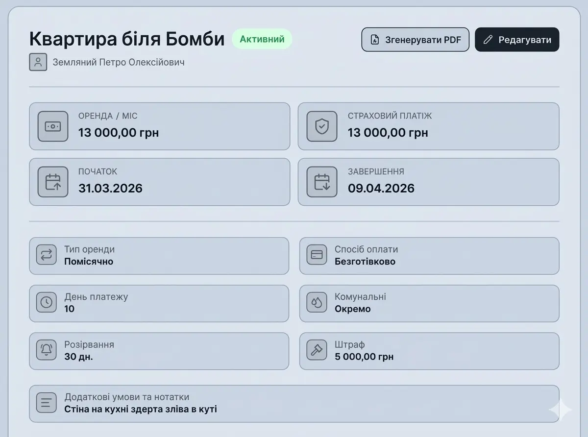 Сторінка договору оренди в сервісі Rentlem